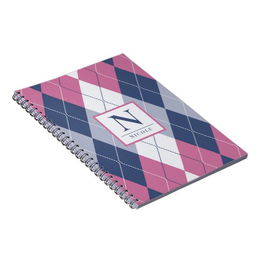 Speciaal robuust roze en marineblauw preppy argyle notitieboek (Rechterzijde)