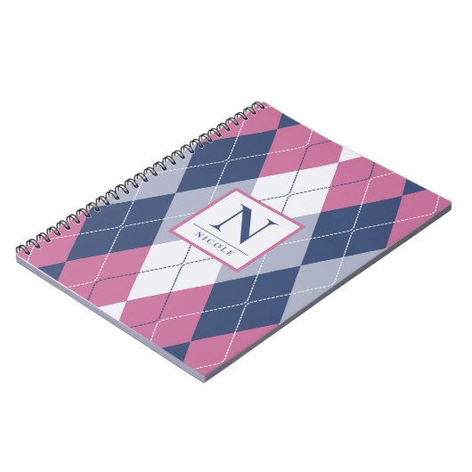 Speciaal robuust roze en marineblauw preppy argyle notitieboek (Linkerzijde)