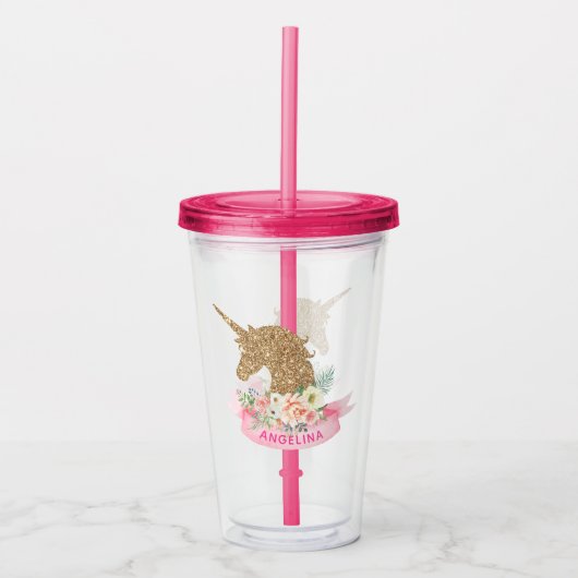 Speciaal roze en faux Gold Glitter Unicorn Acryl Drinkbeker (Voorkant)