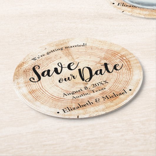 Speciaal Rustic Bespaar onze datum bedrukt hout Ronde Kartonnen Onderzetter (Gebogen)