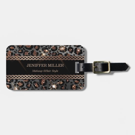 Speciaal Trendy Leopard Black Gold Glitter Bagagelabel (Voorkant horizontaal)