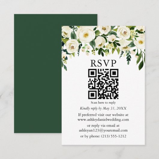 Spécial - Blanc Vert Floral QR Wedding RSVP (Devant / Derrière)