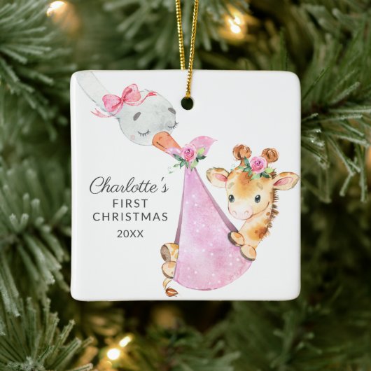 Special Delivery Baby's First Kerstman Giraffe Keramisch Ornament (Boom)