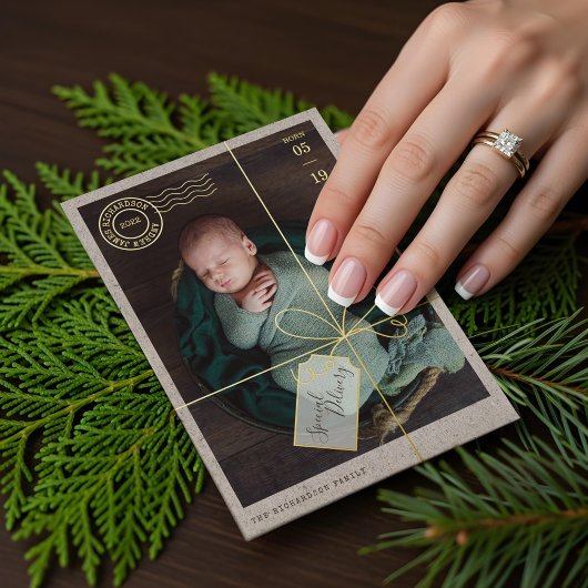 Special Delivery Pakket Baby Geboorte Statistieken Folie Feestdagenkaart