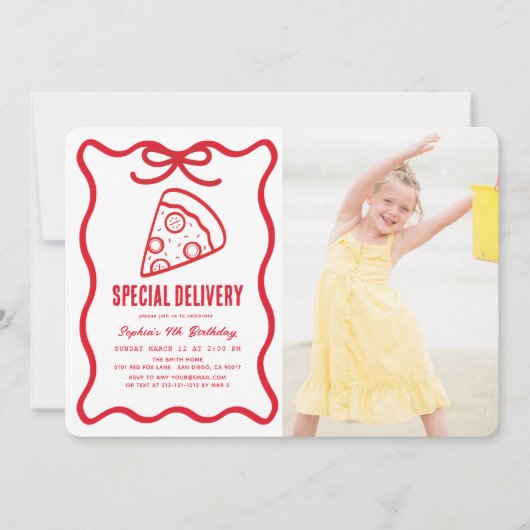 Special Delivery Red Bow Pizza Photo Birthday Kaart (Voorkant)