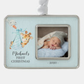 Speciale Giraffe Eerste kerstfoto Verzilverd Kader Ornament (Voorkant)
