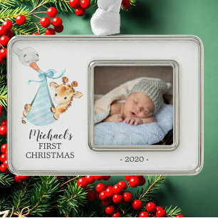 Speciale Giraffe Eerste kerstfoto Verzilverd Kader Ornament