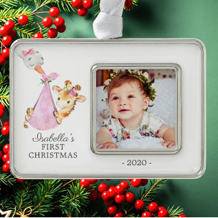Speciale Giraffe Eerste kerstfoto Verzilverd Kader Ornament