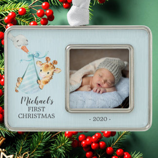 Speciale Giraffe Eerste kerstfoto Verzilverd Kader Ornament