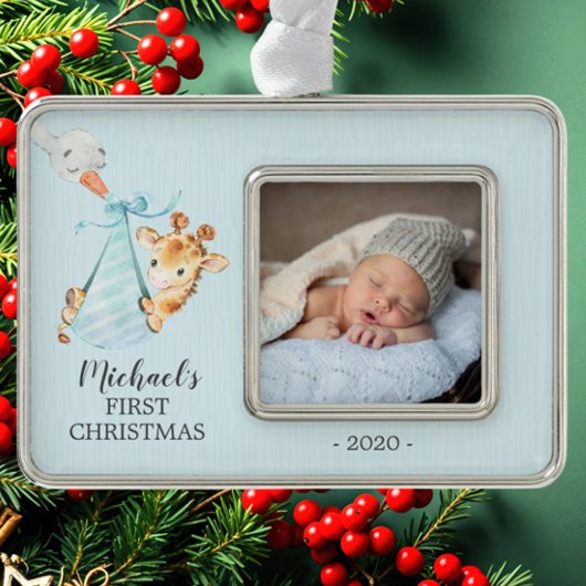Speciale Giraffe Eerste kerstfoto Verzilverd Kader Ornament