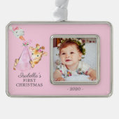 Speciale Giraffe Eerste kerstfoto Verzilverd Kader Ornament (Voorkant)