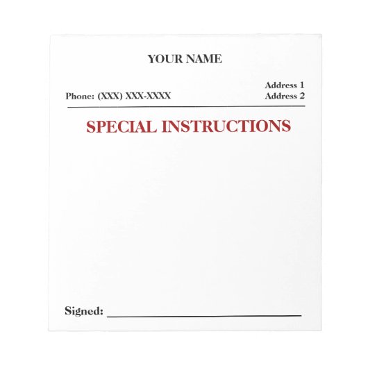 Speciale instructies Slip Note Pad (wit) Notitieblok (Voorkant)