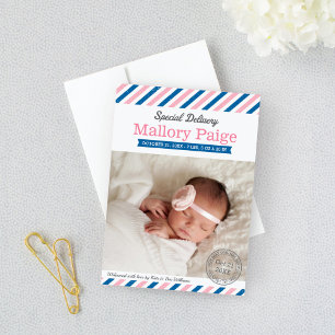 Speciale Levering Baby Meisje Foto Roze Blauw Gebo Aankondiging