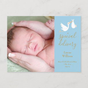 Speciale Levering Stork Baby Boy Foto Blauwe Geboo Aankondigingskaart