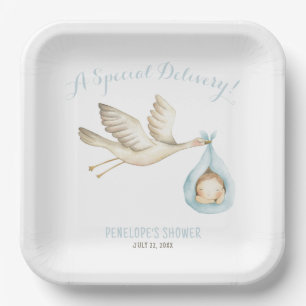 Speciale Levering Stork Blue Baby Boy Baby shower Papieren Bordje