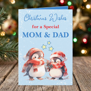 Speciale Moeder & Vader pinguïns blauwe kerst Feestdagen Kaart