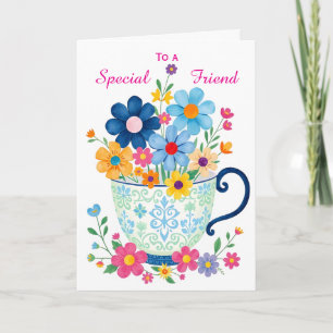 Speciale Vriend Teekopje & Bloem Verjaardag Kaart