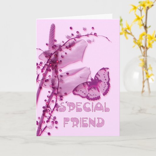 Speciale Vriend Verjaardagskaart, roze met een vli Kaart (Gele Bloem)