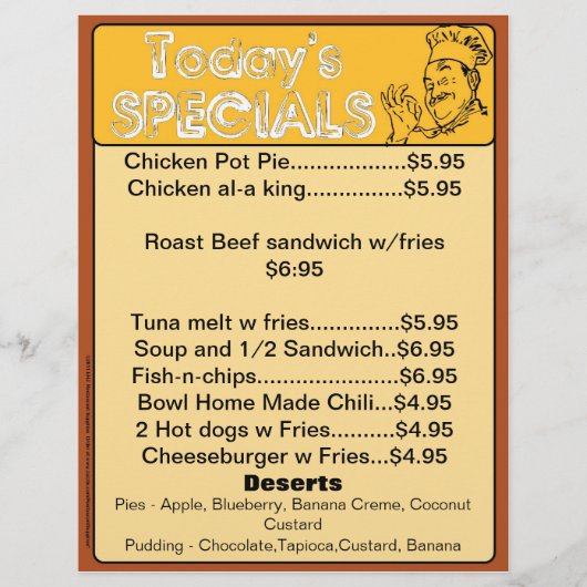 Spécialités d'aujourd'hui Menu Inserts Restaurants (Devant)