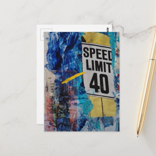 Speed Limit is 40 mixed media collage Briefkaart (Voorkant / Achterkant in situ)