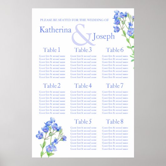 Speedwell Blue Wedding Seating Table Planner 1-8 Poster (Voorkant)