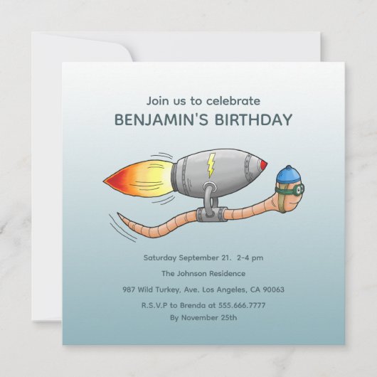 Speedy Rocket Worm Uitnodiging voor verjaardag (Voorkant)