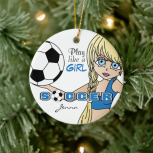 Speel als een meisje Voetbal Blauw Keramisch Ornament