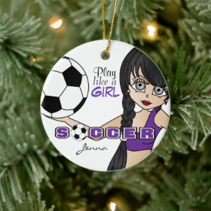 Speel als een meisje Voetbal Paars Keramisch Ornament