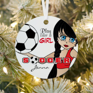 Speel als een meisje Voetbal Rood Metalen Ornament