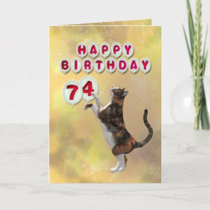 Speelbare kat en 74e Happy Birthday ballonnen Kaart