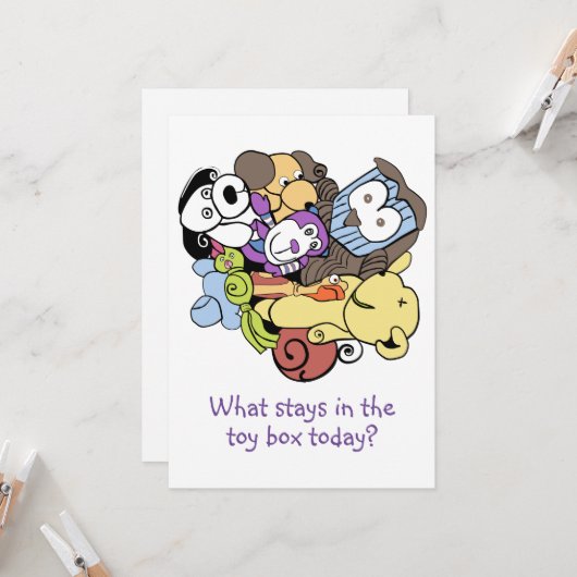 Speelgoed box of goodies uitnodiging (Voorkant / Achterkant in situ)