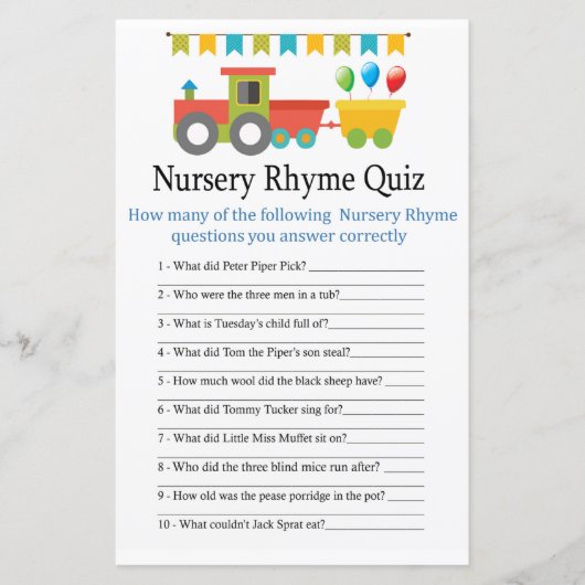Speelgoed trein Nursery Rhyme Quiz baby shower gam (Voorkant)