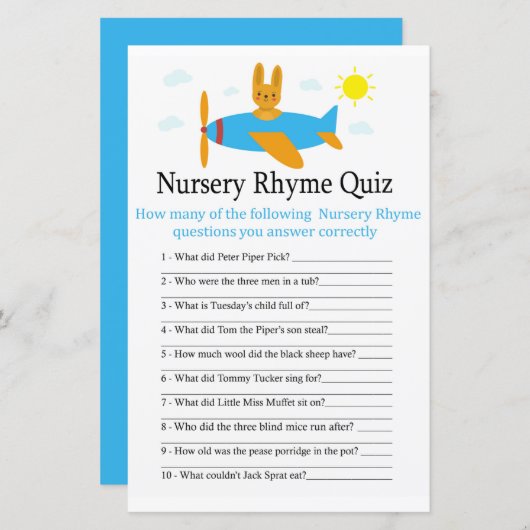 Speelgoed vliegtuig Nursery Rhyme Quiz baby shower (Voorkant / Achterkant)