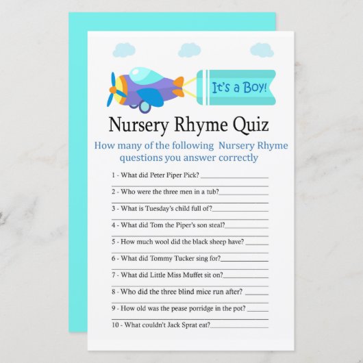 Speelgoed Vliegtuig Nursery Rhyme Quiz baby shower (Voorkant / Achterkant)