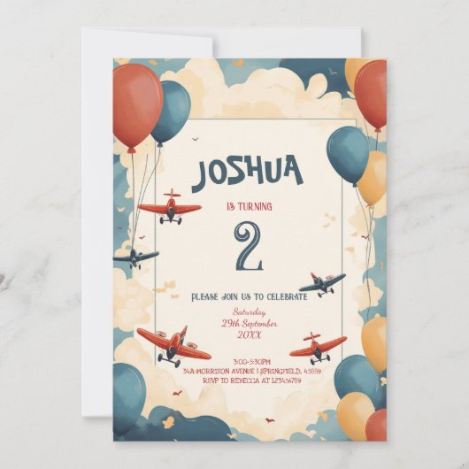 Speelgoed-vliegtuigen en ballonnen verjaardagsfees kaart (Voorkant)