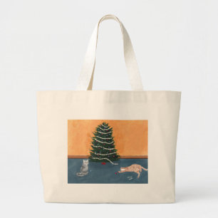 Speelkatten met kerstboomdoeken grote tote bag