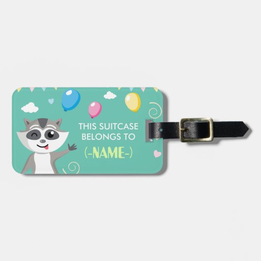 Speelrijke grappige wasbeer met ballonnen bagagelabel (Voorkant horizontaal)