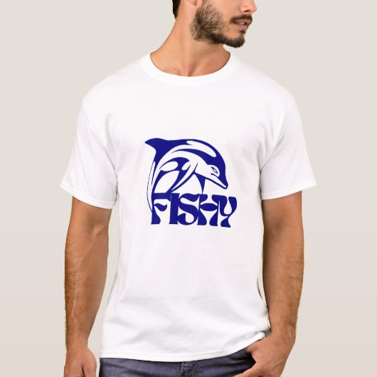 Speels Blue Fish Design met 'Fishy' tekst T-shirt (Voorkant)
