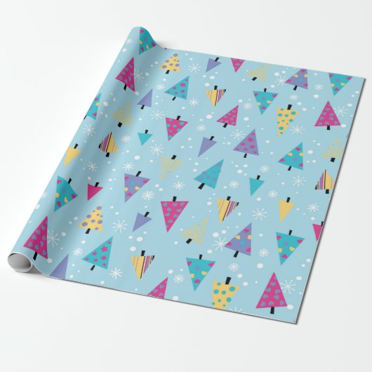 Speels geometrisch kerstboompatroon cadeaupapier (Uitgerold)