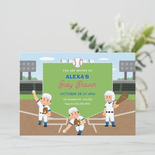 Speels honkbal baby shower kaart (Staand voorkant)