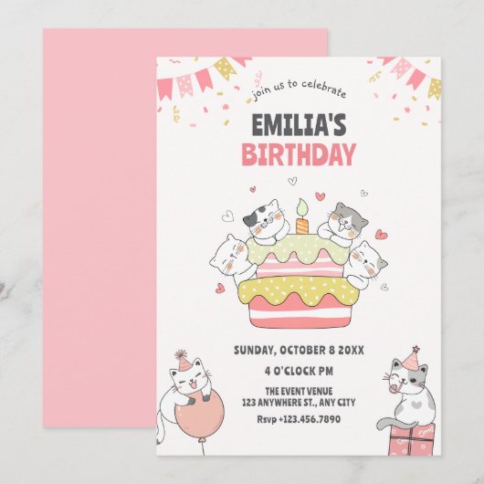 Speels kattenverjaardagsfeestje kaart (Voorkant / Achterkant)