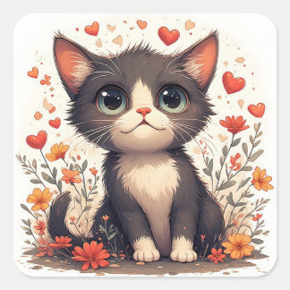 Speels Kitten Tussen Harten En Bloemen Schattig 🌼 Vierkante Sticker