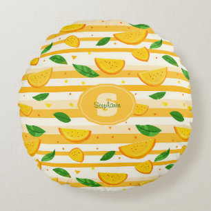 Speels Oranje snijpatroon met groene bladeren Rond Kussen