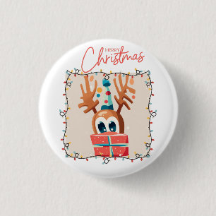 Speels rendier met cadeau ronde button 3,2 cm