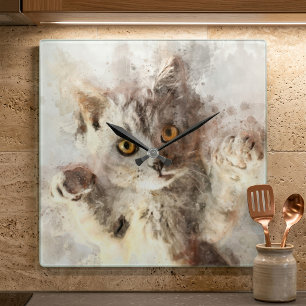 Speelse Aquarel Kitten met Helder Barnsteen Kleuri Vierkante Klok