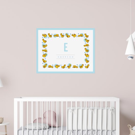 Speelse Baby Eenden Blauw Monogram Siertuin Muurku Poster (Kinderkamer 2)
