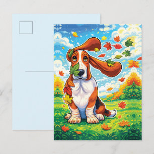 Speelse Basset Hound Herfstbladeren Cartoon Briefkaart