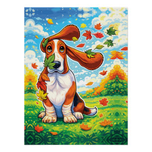 Speelse Basset Hound Herfstbladeren Cartoon Perfect Poster