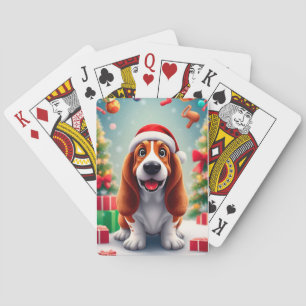 Speelse Basset Hound-hond viert Kerstmis Pokerkaarten