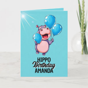 Speelse blauwe ballonnen Hippo verjaardag Kaart